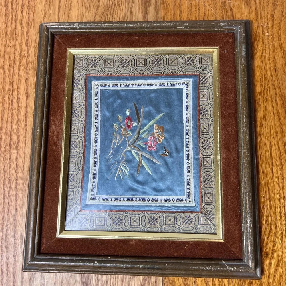 VTG Asian Silk Embroidery Framed Floral Bird Art Blue Silk Textile Wall Decor